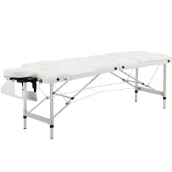 Table de massage pliable 3 zones hauteur réglable dim. 215L x 60l x 61-84H cm alu. synthétique PVC blanc
