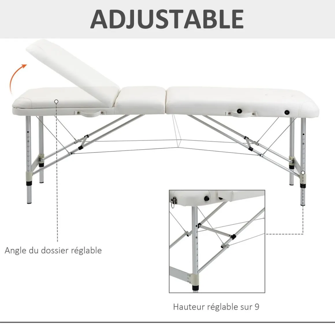 Table de massage pliable 3 zones hauteur réglable dim. 215L x 60l x 61-84H cm alu. synthétique PVC blanc