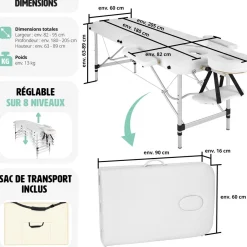 Table de massage Pliante 2 Zones Aluminium Portable + Housse