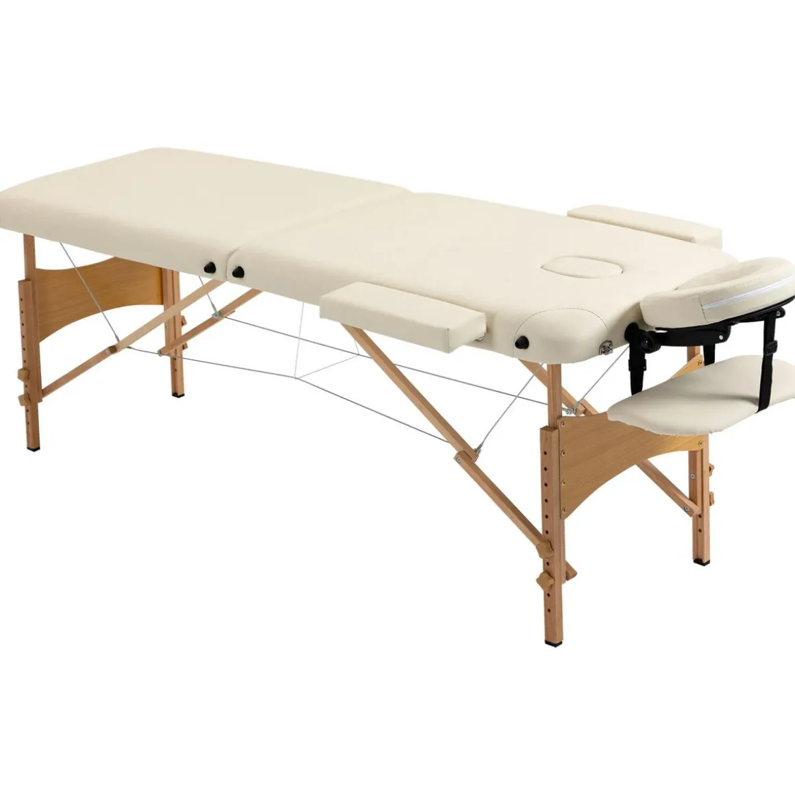 Table de massage pliante lit table de beauté 2 zones portable sac de tranport inclus hauteur réglable dim. 182L x 60l x 61-87H cm bois massif revêtement synthétique crème