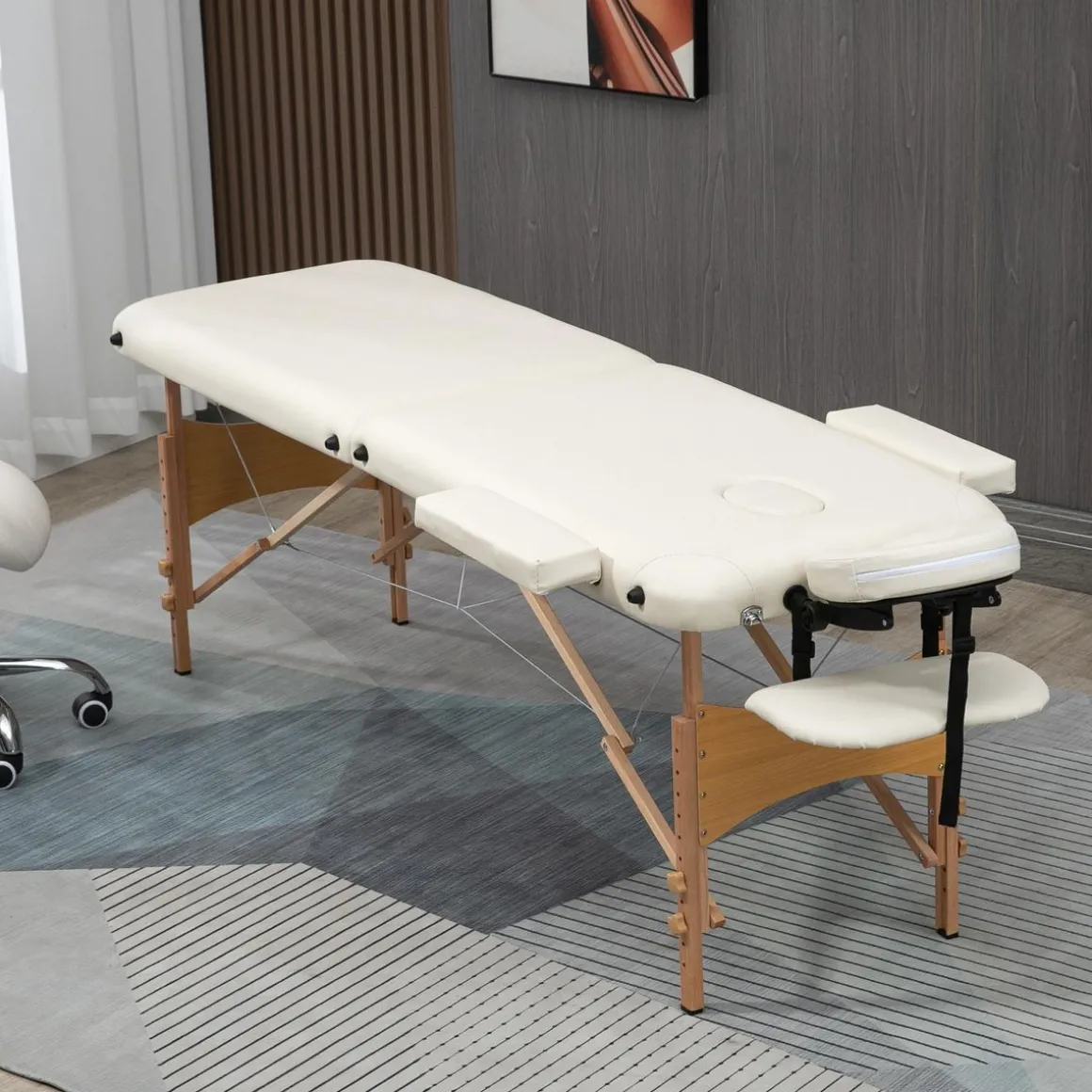 Table de massage pliante lit table de beauté 2 zones portable sac de tranport inclus hauteur réglable dim. 182L x 60l x 61-87H cm bois massif revêtement synthétique crème