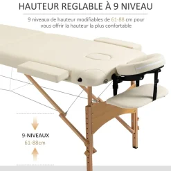 Table de massage pliante lit table de beauté 2 zones portable sac de tranport inclus hauteur réglable dim. 182L x 60l x 61-87H cm bois massif revêtement synthétique crème
