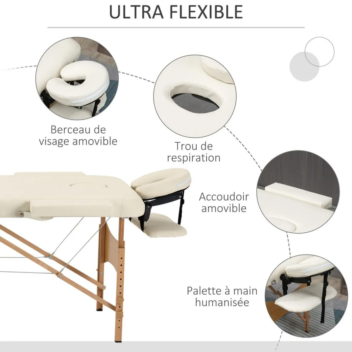 Table de massage pliante lit table de beauté 2 zones portable sac de tranport inclus hauteur réglable dim. 182L x 60l x 61-87H cm bois massif revêtement synthétique crème