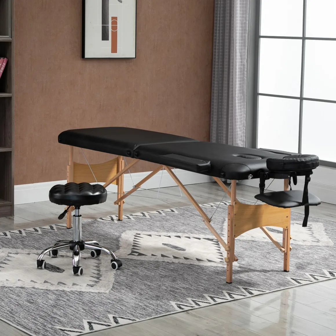 Table de massage pliante lit table de beauté 2 zones portable sac de tranport inclus hauteur réglable dim. 185L x 60l x 61-88H cm bois massif revêtement synthétique noir
