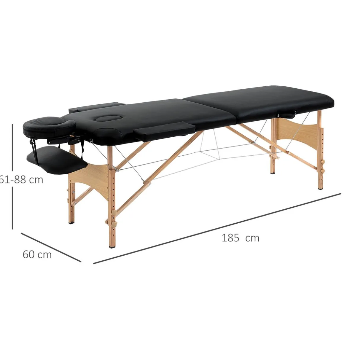 Table de massage pliante lit table de beauté 2 zones portable sac de tranport inclus hauteur réglable dim. 185L x 60l x 61-88H cm bois massif revêtement synthétique noir