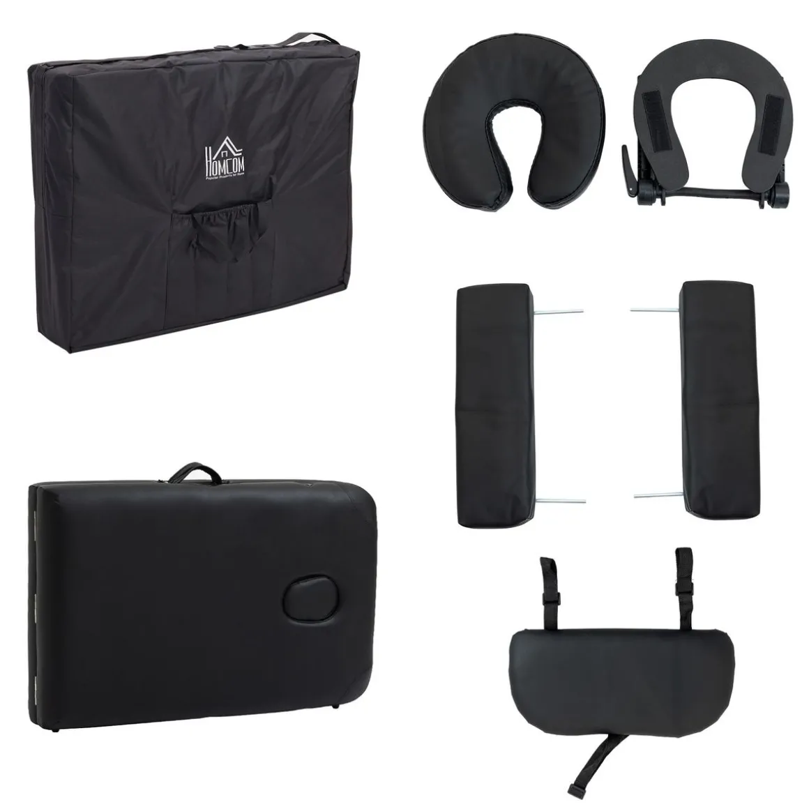 Table de massage pliante lit table de beauté 2 zones portable sac de tranport inclus hauteur réglable dim. 185L x 60l x 61-88H cm bois massif revêtement synthétique noir