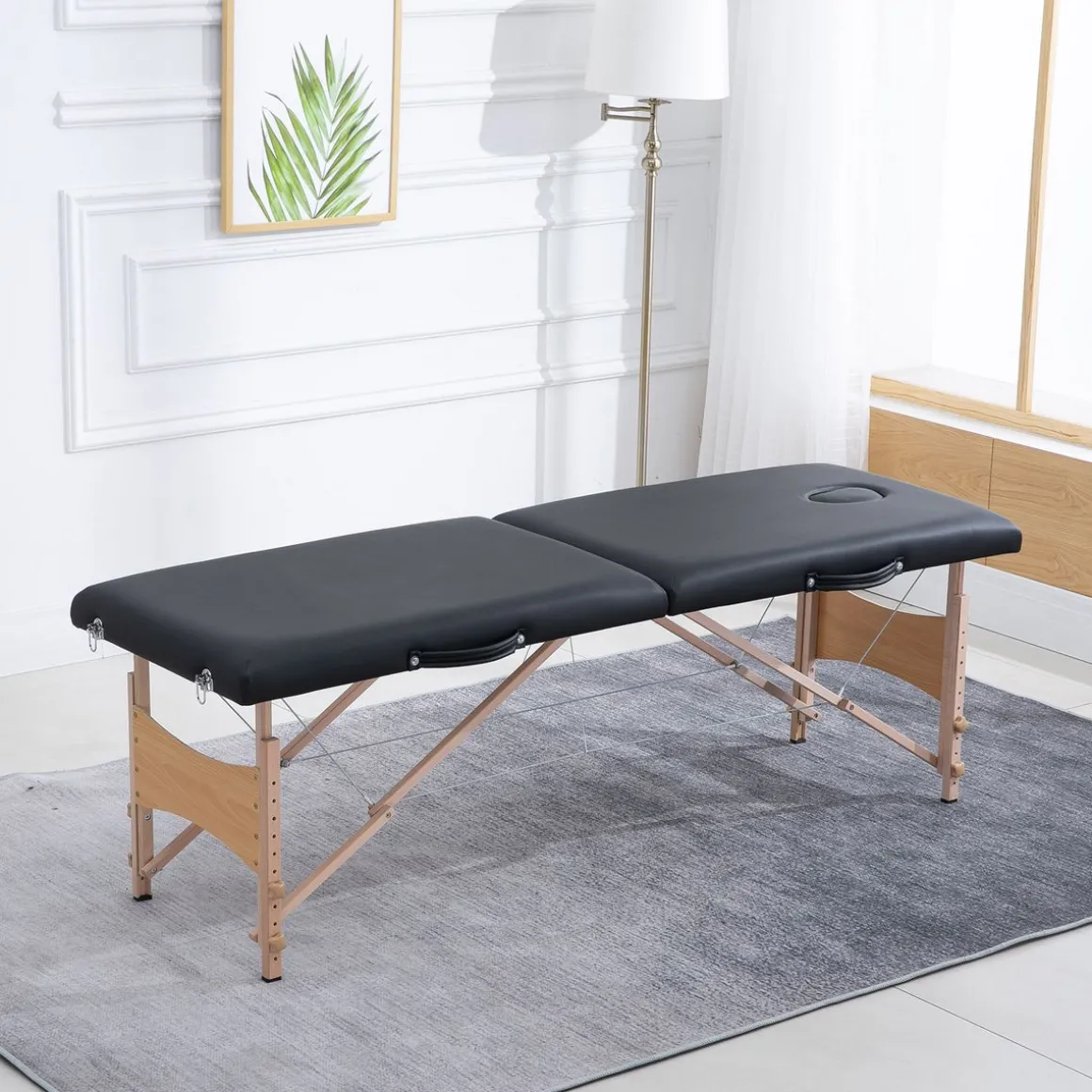 Table de massage pliante lit table de beauté 2 zones portable sac de tranport inclus hauteur réglable dim. 186L x 60l x 58-81H cm bois massif revêtement synthétique noir