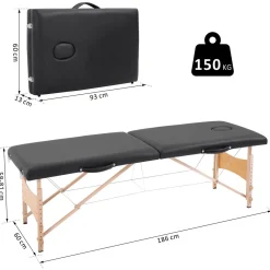 Table de massage pliante lit table de beauté 2 zones portable sac de tranport inclus hauteur réglable dim. 186L x 60l x 58-81H cm bois massif revêtement synthétique noir