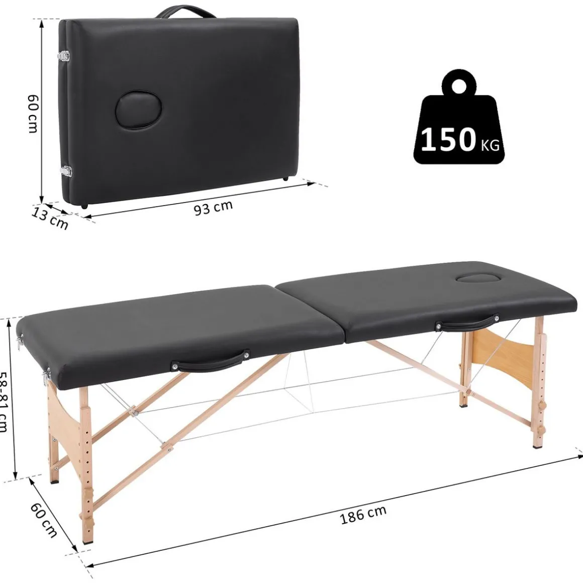 Table de massage pliante lit table de beauté 2 zones portable sac de tranport inclus hauteur réglable dim. 186L x 60l x 58-81H cm bois massif revêtement synthétique noir