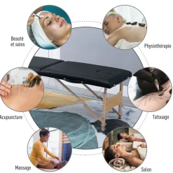 Table de massage pliante lit table de beauté 2 zones portable sac de tranport inclus hauteur réglable dim. 186L x 60l x 58-81H cm bois massif revêtement synthétique noir