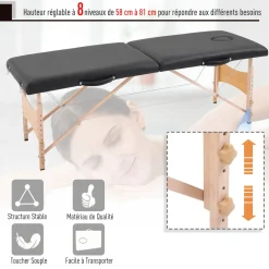 Table de massage pliante lit table de beauté 2 zones portable sac de tranport inclus hauteur réglable dim. 186L x 60l x 58-81H cm bois massif revêtement synthétique noir