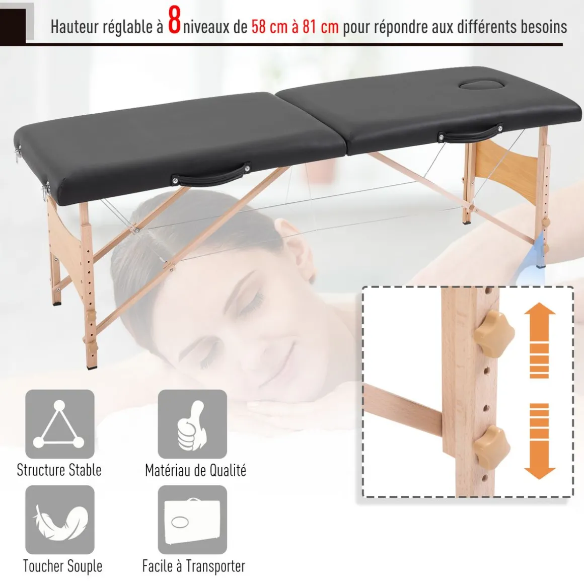 Table de massage pliante lit table de beauté 2 zones portable sac de tranport inclus hauteur réglable dim. 186L x 60l x 58-81H cm bois massif revêtement synthétique noir