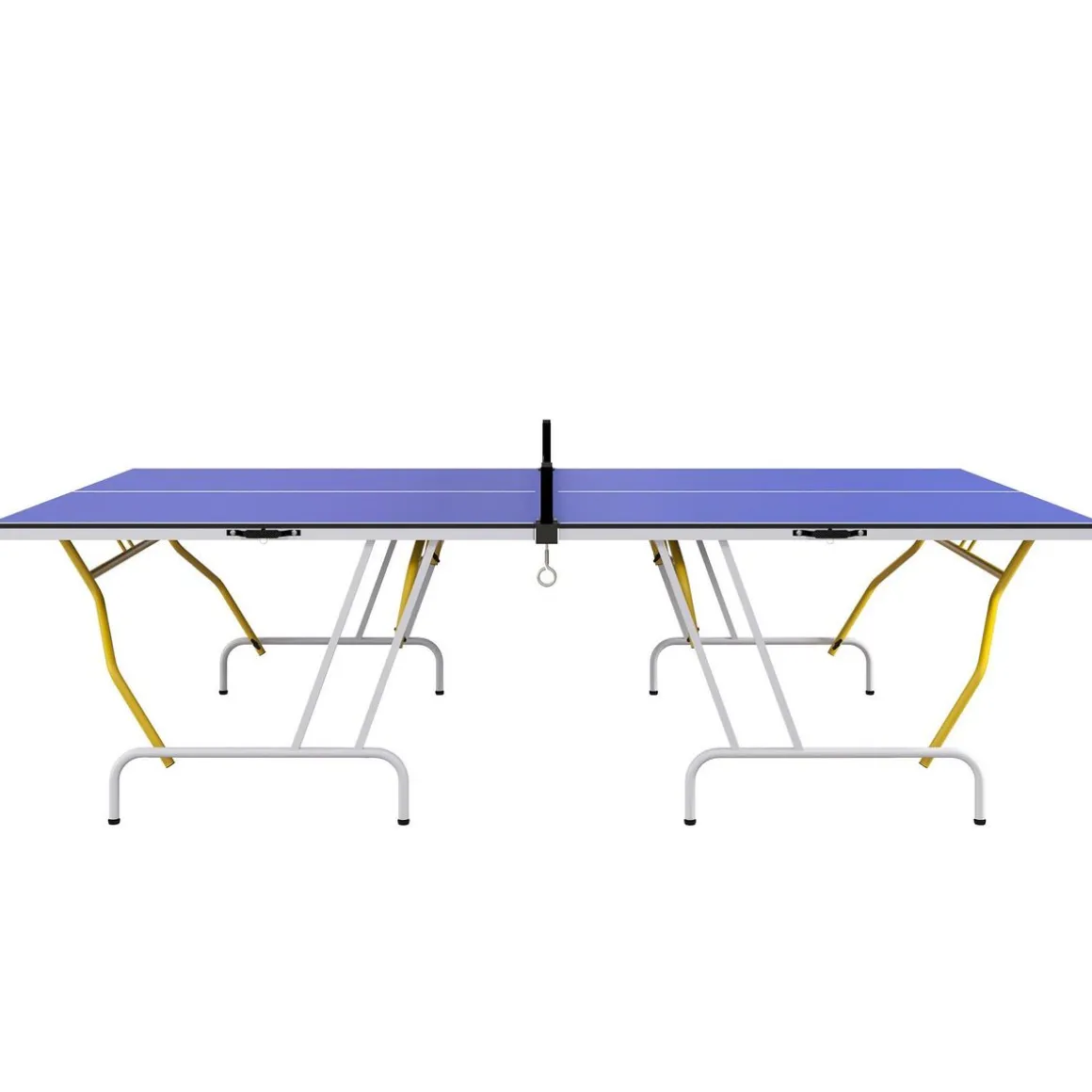 Table de ping pong pliable en 4 - dim. 274 x 152,5 x 76 cm - filet, 2 raquettes, 3 balles inclus - jaune blanc bleu