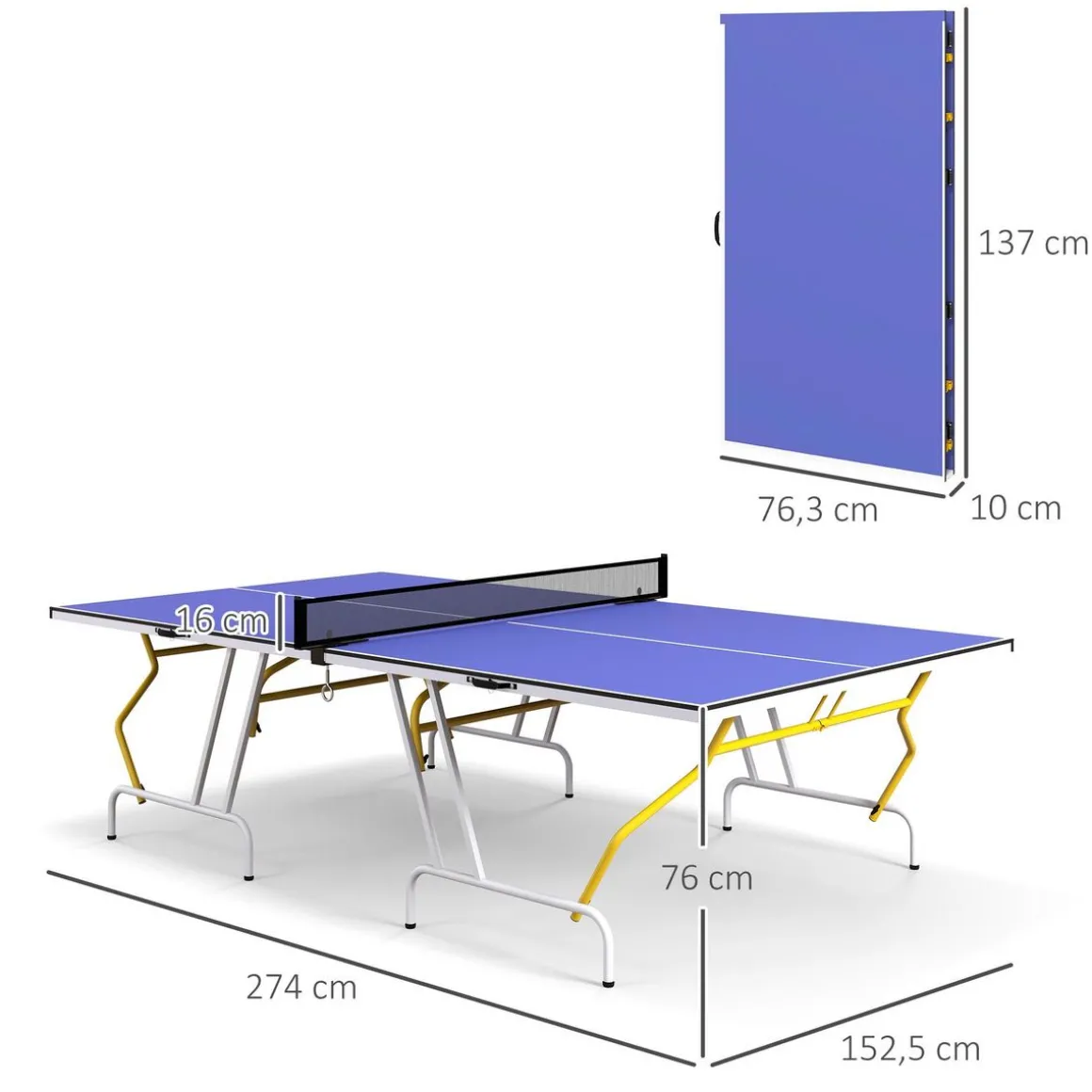 Table de ping pong pliable en 4 - dim. 274 x 152,5 x 76 cm - filet, 2 raquettes, 3 balles inclus - jaune blanc bleu