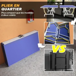 Table de ping pong pliable en 4 - dim. 274 x 152,5 x 76 cm - filet, 2 raquettes, 3 balles inclus - jaune blanc bleu