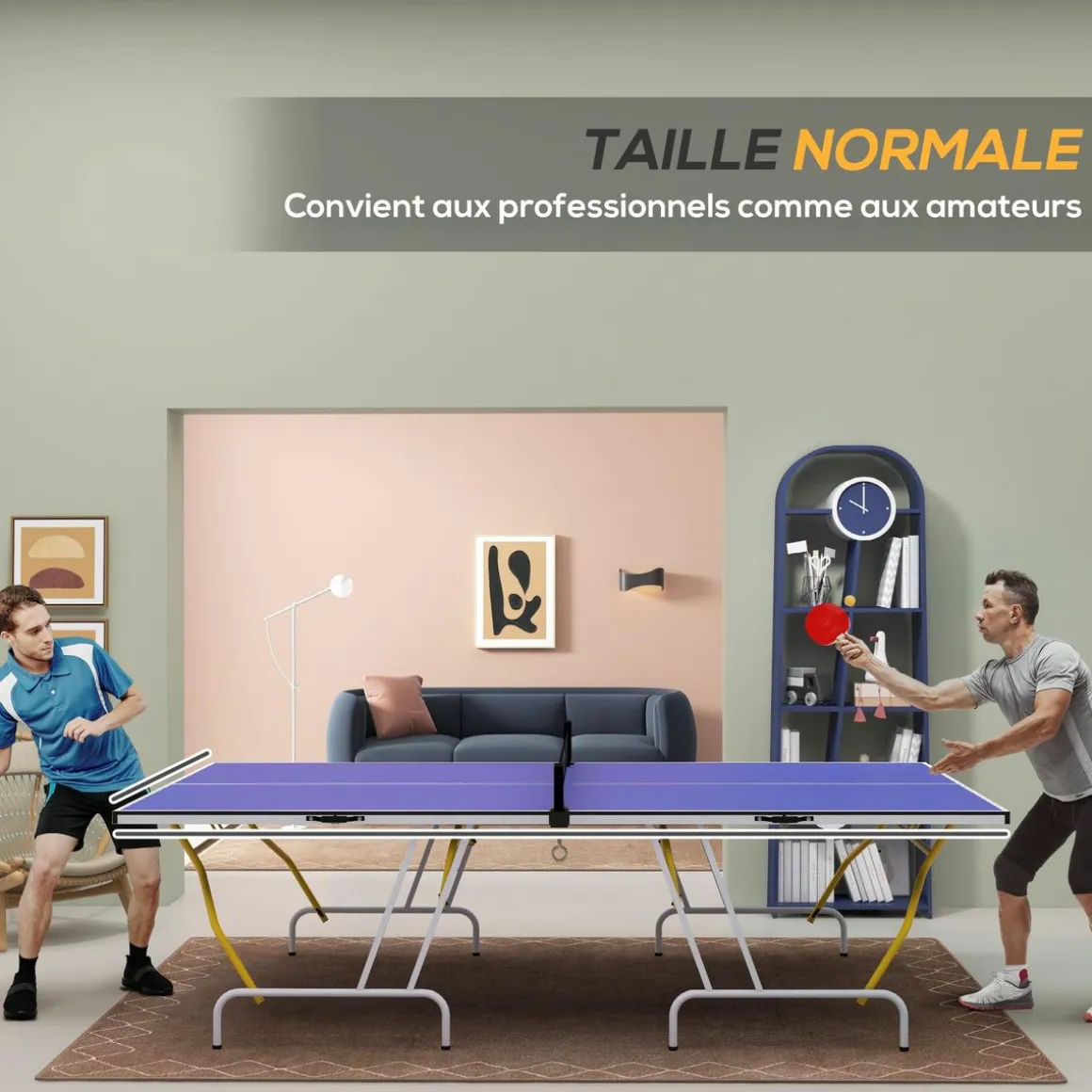 Table de ping pong pliable en 4 - dim. 274 x 152,5 x 76 cm - filet, 2 raquettes, 3 balles inclus - jaune blanc bleu