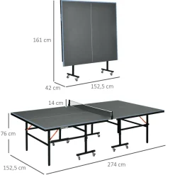Table de ping pong tennis de table pliable 8 roues - filet, 2 raquettes, 3 balles inclus - noir gris