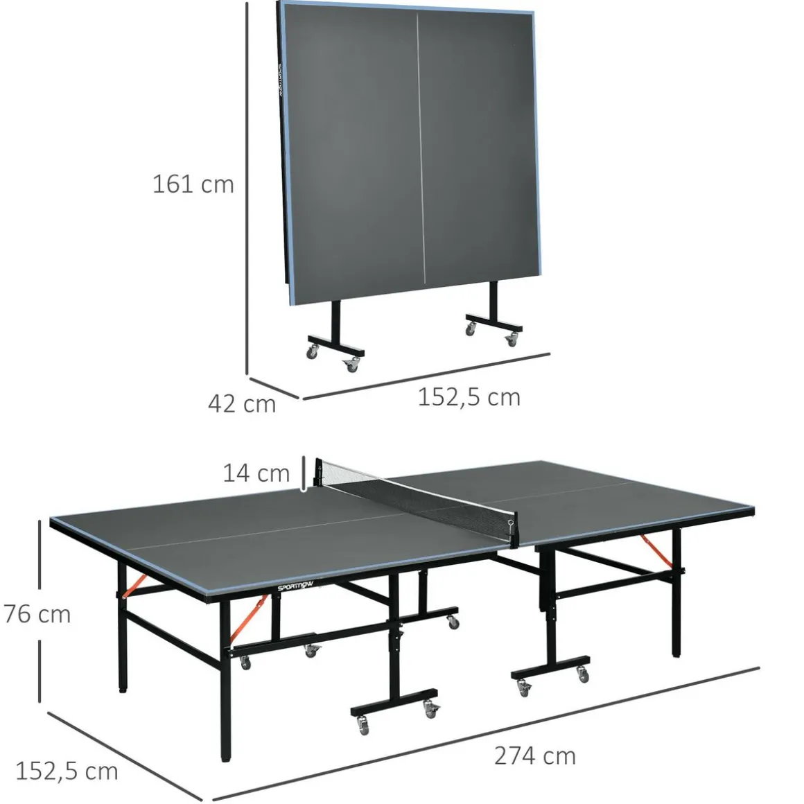 Table de ping pong tennis de table pliable 8 roues - filet, 2 raquettes, 3 balles inclus - noir gris