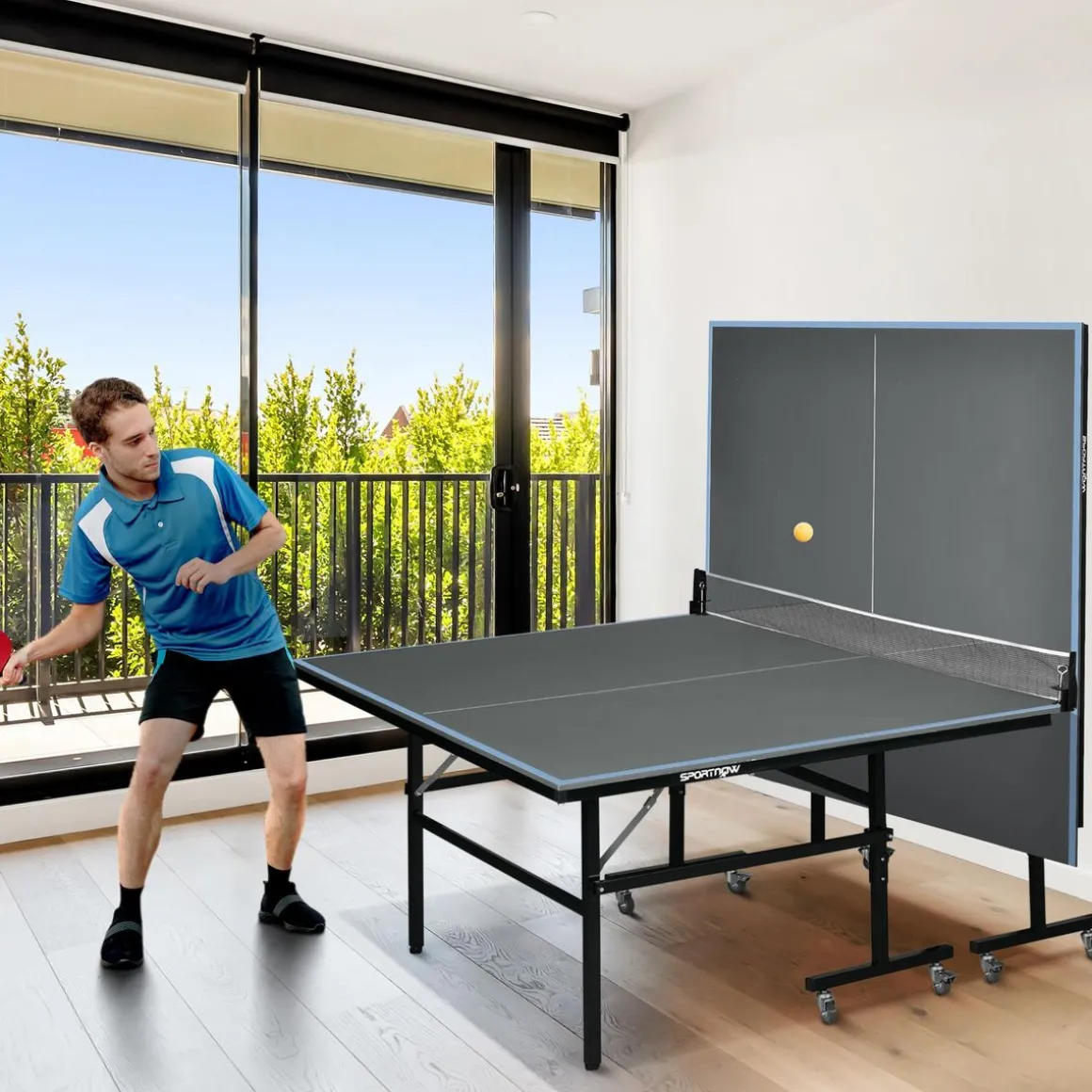 Table de ping pong tennis de table pliable 8 roues - filet, 2 raquettes, 3 balles inclus - noir gris