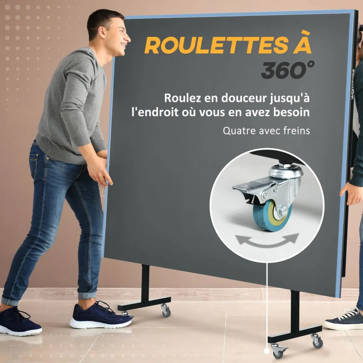 Table de ping pong tennis de table pliable 8 roues - filet, 2 raquettes, 3 balles inclus - noir gris