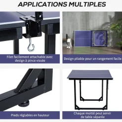Table de ping-pong tennis de table pliable compacte pieds de nivellement antidérapants acier noir MDF bleu