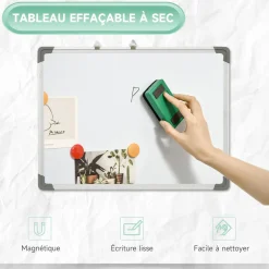 Tableau blanc aimanté magnétique dim. 60L x 45H cm nombreux accessoires inclus cadre aluminium