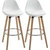 Tabourets de bar style scandinave - lot de 2 tabourets de bar avec repose-pieds - piètement bois de hêtre assise PU blanc
