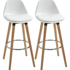 Tabourets de bar style scandinave - lot de 2 tabourets de bar avec repose-pieds - piètement bois de hêtre assise PU blanc