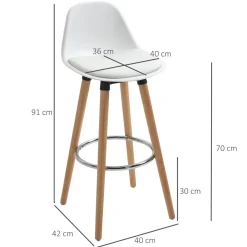 Tabourets de bar style scandinave - lot de 2 tabourets de bar avec repose-pieds - piètement bois de hêtre assise PU blanc