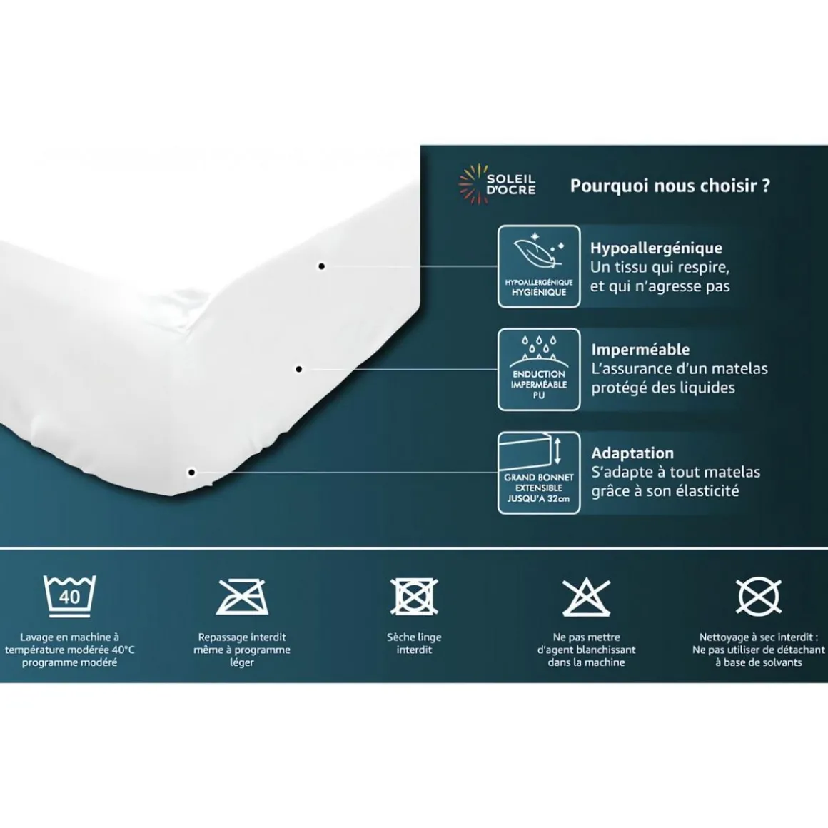 Taie protège oreiller coton MOLLETON imperméable, par Soleil d'ocre