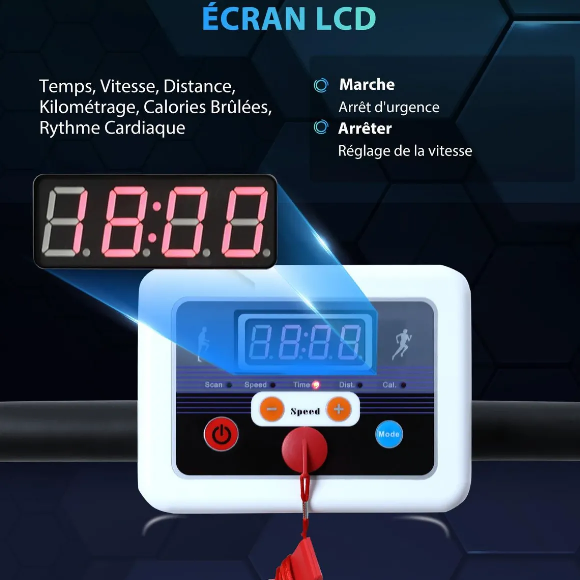 Tapis de course électrique pliable 500 W 1-10 Km/H écran LCD multifonctions acier noir et blanc