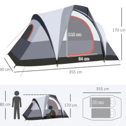 Tente de camping 2-3 personnes - fenêtres à mailles double couche - sac de transport - dim. 355L x 190l x 170H cm - polyester gris