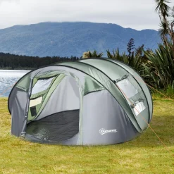 Tente de camping 4-5 personnes montage instantanée pop-up 2 portes enroulables 4 fenêtres dim. 2,63L x 2,2l x 1,23H m fibre verre polyester PE vert gris