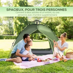 Tente de camping pop up 2-3 personnes 2 portes vert kaki montage démontage facile sac de transport inclus fibre verre polyester
