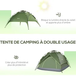 Tente de camping pop up 2-3 personnes 2 portes vert kaki montage démontage facile sac de transport inclus fibre verre polyester