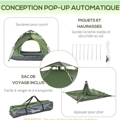 Tente de camping pop up 2-3 personnes 2 portes vert kaki montage démontage facile sac de transport inclus fibre verre polyester
