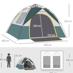 Tente de camping pop up 3 personnes porte 3 fenêtres sac de transport inclus fibre verre polyester PE jaune gris vert