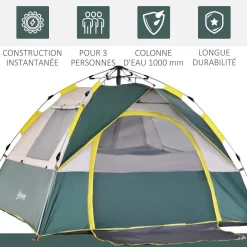 Tente de camping pop up 3 personnes porte 3 fenêtres sac de transport inclus fibre verre polyester PE jaune gris vert