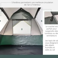 Tente de camping pop up 3 personnes porte 3 fenêtres sac de transport inclus fibre verre polyester PE jaune gris vert