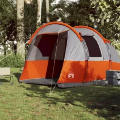 Tente de camping tunnel 4 personnes gris et orange imperméable