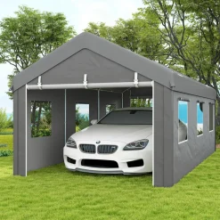 Tente garage carport dim. 6L x 2,95l x 2,78H m acier galvanisé PE haute densité 2 portes 6 fenêtres gris