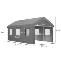 Tente garage carport dim. 6L x 2,95l x 2,78H m acier galvanisé PE haute densité 2 portes 6 fenêtres gris