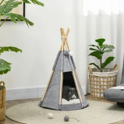 Tente tipi pour animaux - teepee chien chat - coussin épais grand confort inclus - structure bois de pin feutre polyester gris