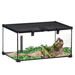 Terrarium en verre - vivarium reptiles & batraciens - habitat tortue - couvercle grillagé coulissant verrouillable - distributeur eau, thermomètre inclus - métal noir verre