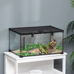 Terrarium en verre - vivarium reptiles & batraciens - habitat tortue - couvercle grillagé coulissant verrouillable - distributeur eau, thermomètre inclus - métal noir verre