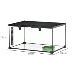 Terrarium en verre - vivarium reptiles & batraciens - habitat tortue - couvercle grillagé coulissant verrouillable - distributeur eau, thermomètre inclus - métal noir verre