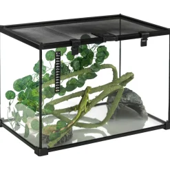 Terrarium verre transparent - couvercle treillis métallique coulissant verrouillable, trappe, distributeur eau, thermomètre - noir