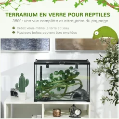 Terrarium verre transparent - couvercle treillis métallique coulissant verrouillable, trappe, distributeur eau, thermomètre - noir