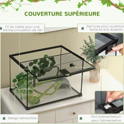 Terrarium verre transparent - couvercle treillis métallique coulissant verrouillable, trappe, distributeur eau, thermomètre - noir