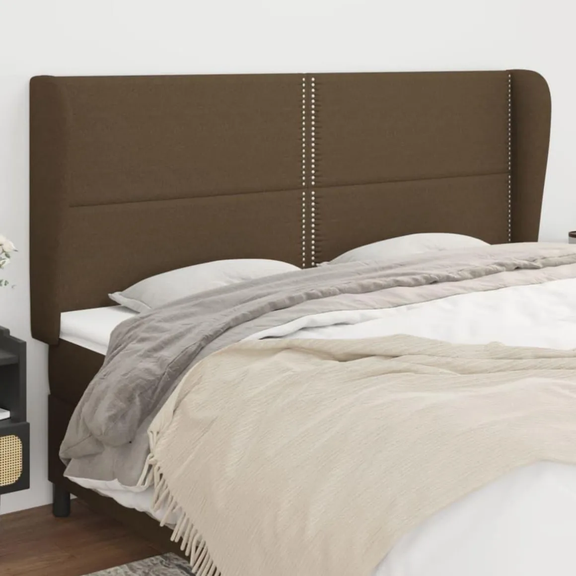 Tete de lit avec oreilles Marron fonce 183x23x118/128 cm Tissu